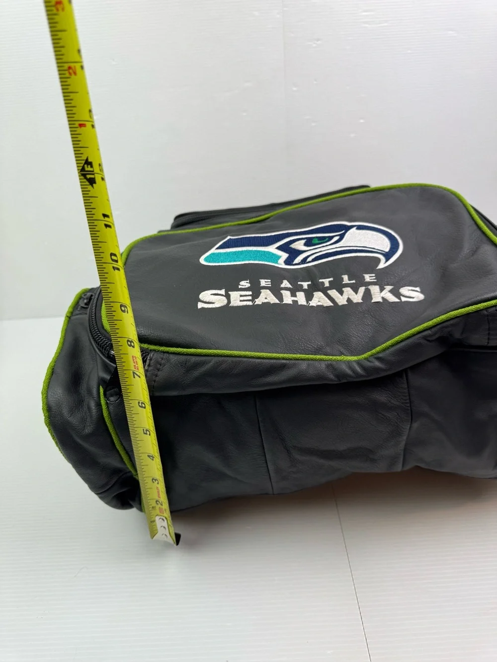 Seattle Seahawks Genuine Leather Backpack VTG Style Black Action Green NFL